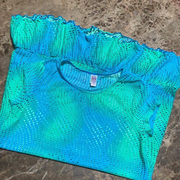 SO Swimsuit Coverup Blue and Green Net Design Sz 7 - Picture 6 of 8